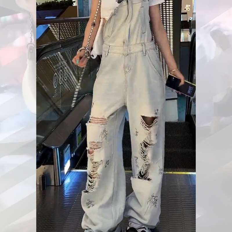 ダメージ加工ワイドサロペット