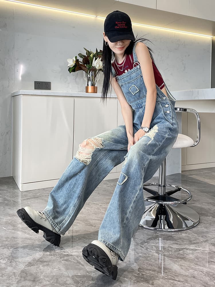 サロペットパンツ サロペット ダメージ加工ワイドシルエットつなぎ