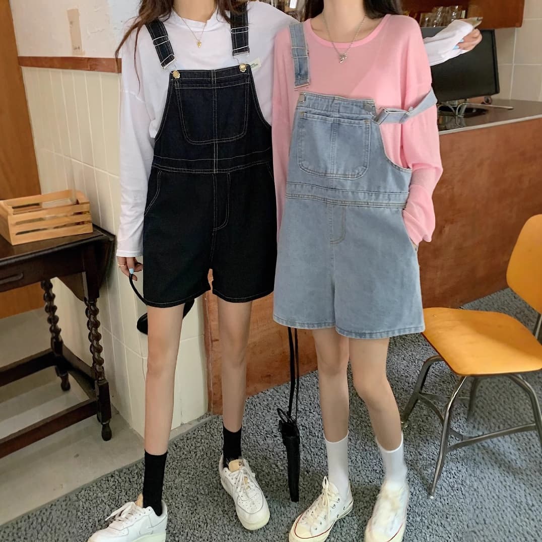 サロペット シンプル短丈デニムサロペット