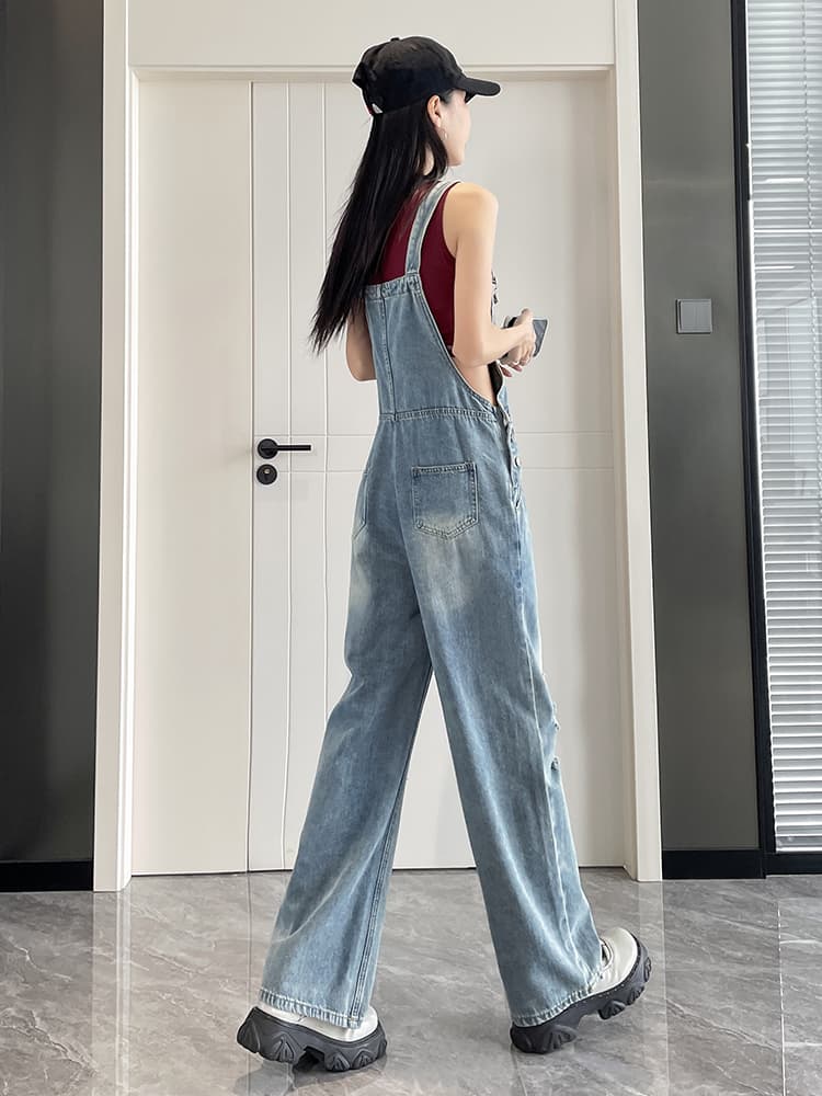 サロペットパンツ サロペット ダメージ加工ワイドシルエットつなぎ