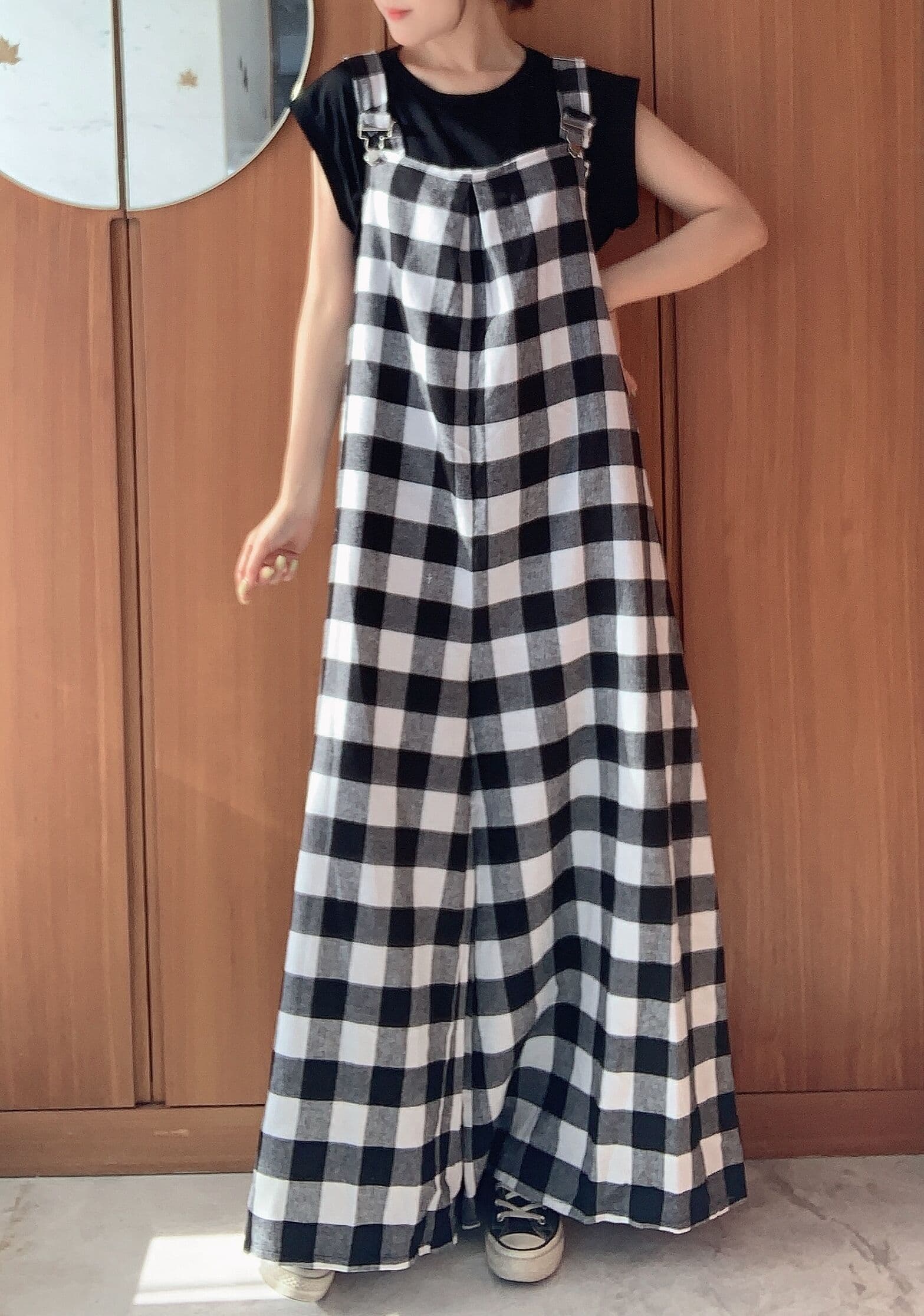 チェック柄サロペットパンツ オールインワンロング丈 体型カバー 大人可愛い