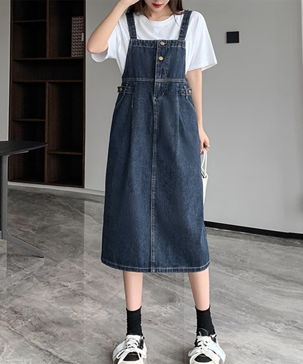 サロペット デニムワンピース 体型カバー ゆったりシルエット
