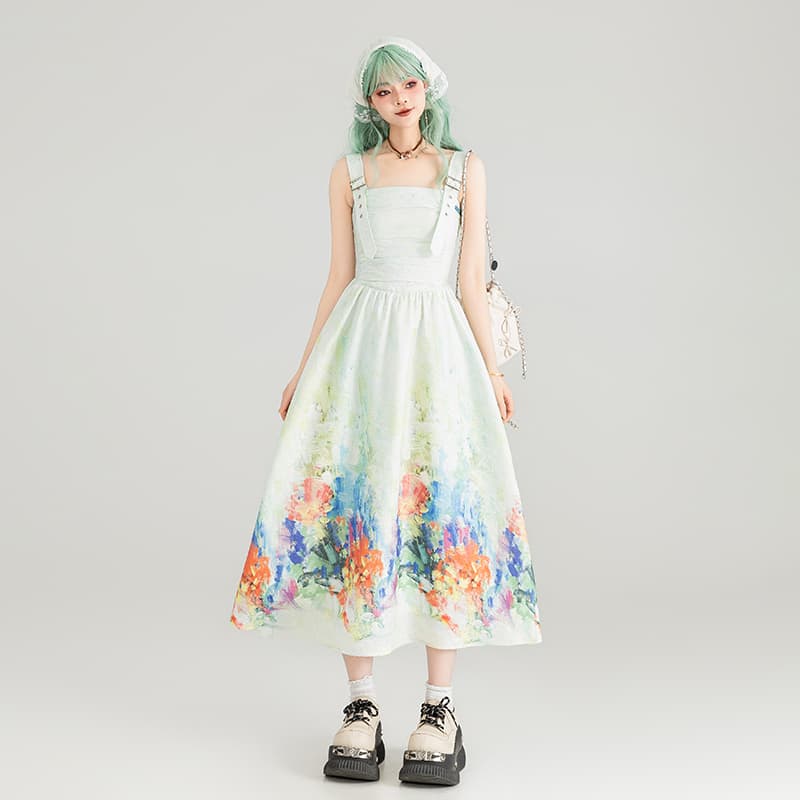 水彩画のような花園サロペットワンピース