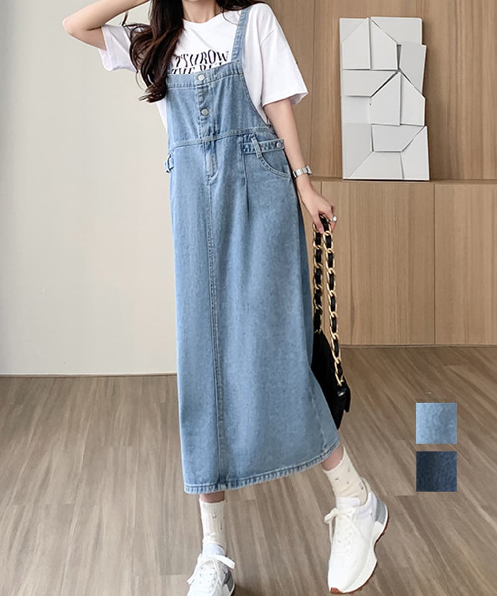 サロペット デニムワンピース 体型カバー ゆったりシルエット