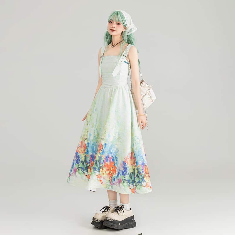 水彩画のような花園サロペットワンピース