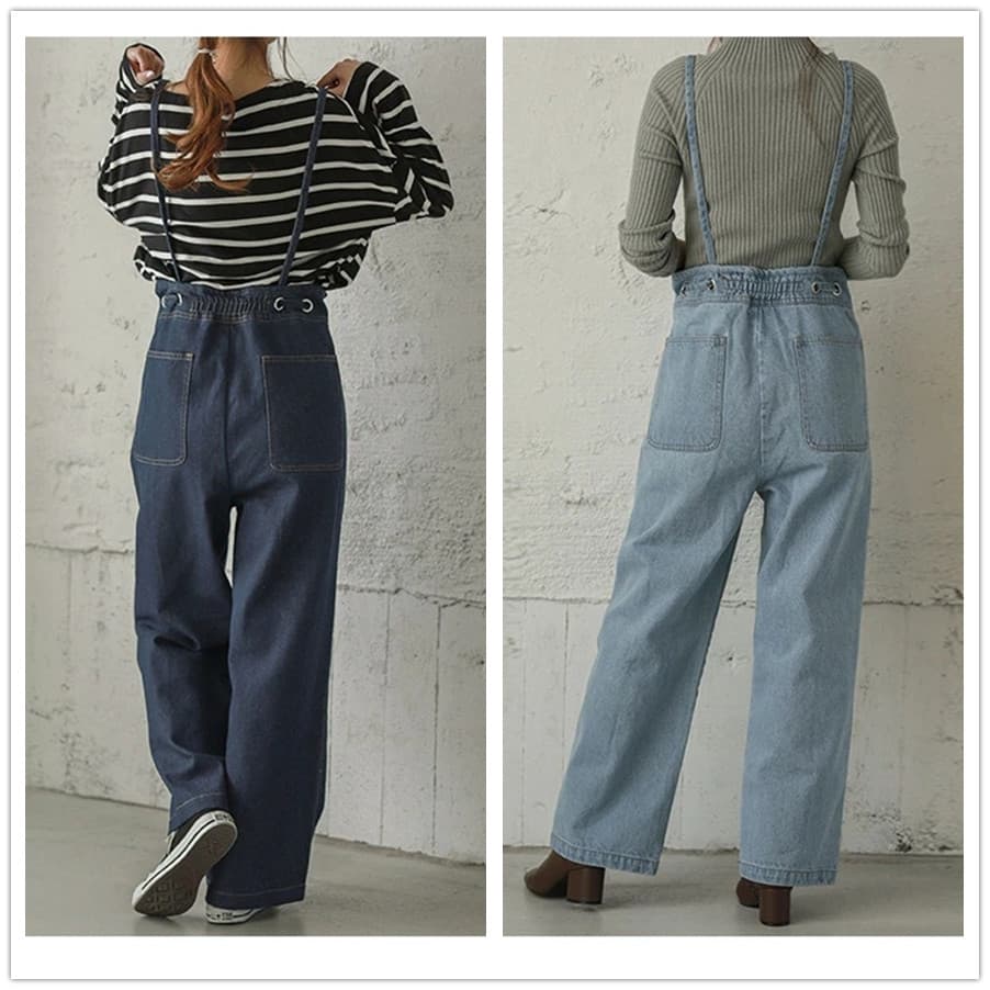 美シルエット デニムサロペット リボンベルト付き レディース