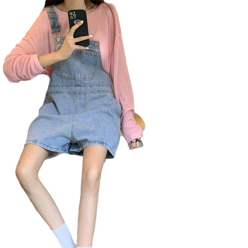 サロペット シンプル短丈デニムサロペット
