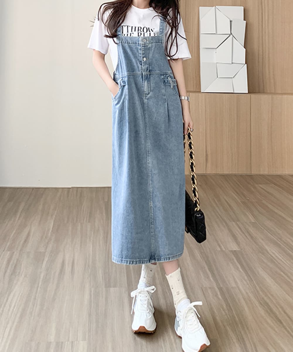 サロペット デニムワンピース 体型カバー ゆったりシルエット