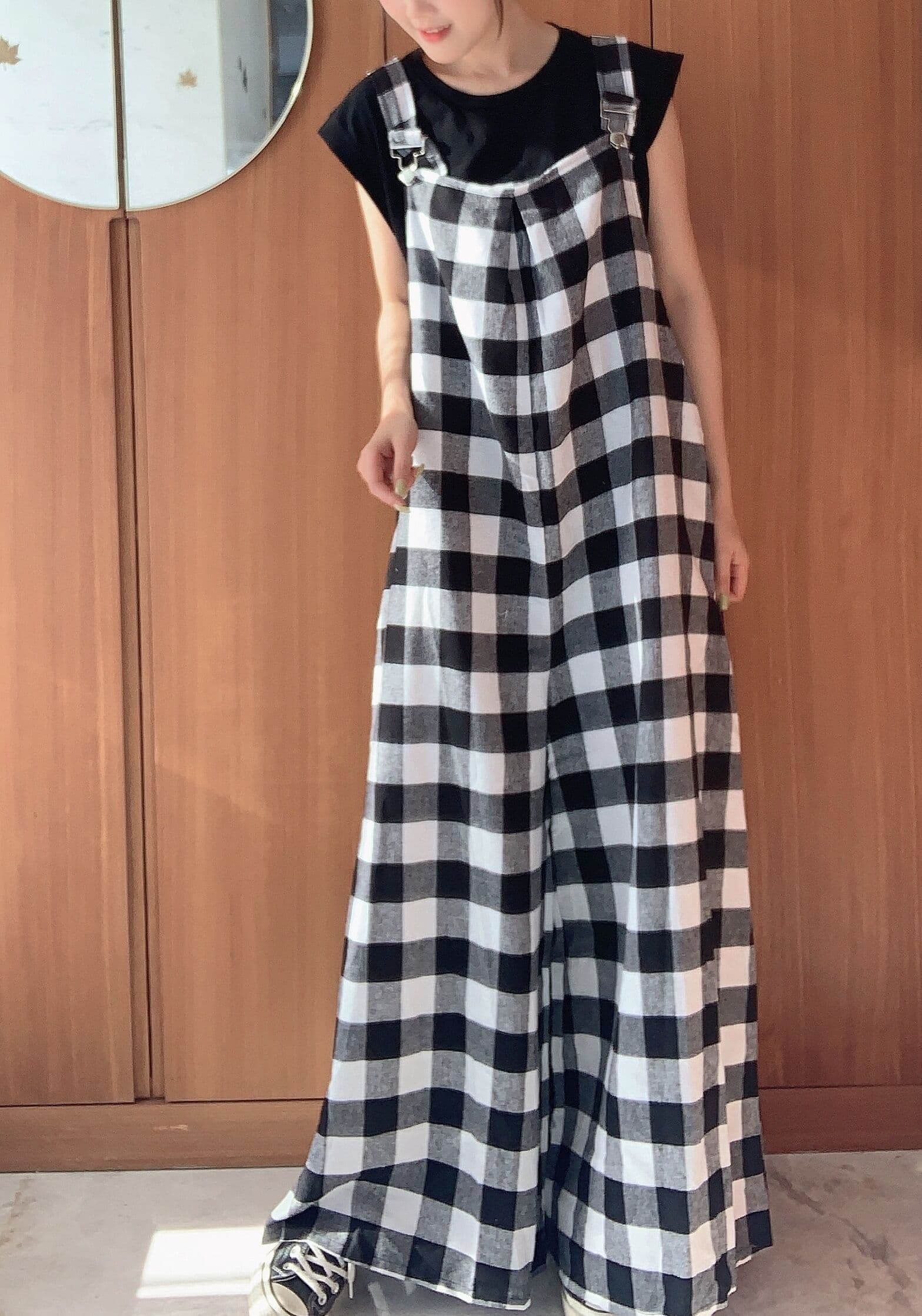 チェック柄サロペットパンツ オールインワンロング丈 体型カバー 大人可愛い