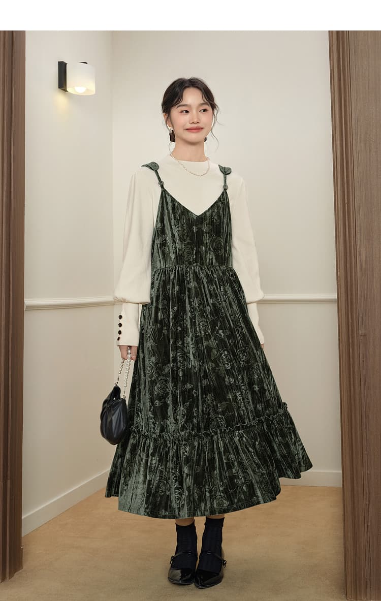 クラシカル花柄ベロア サロペットワンピース