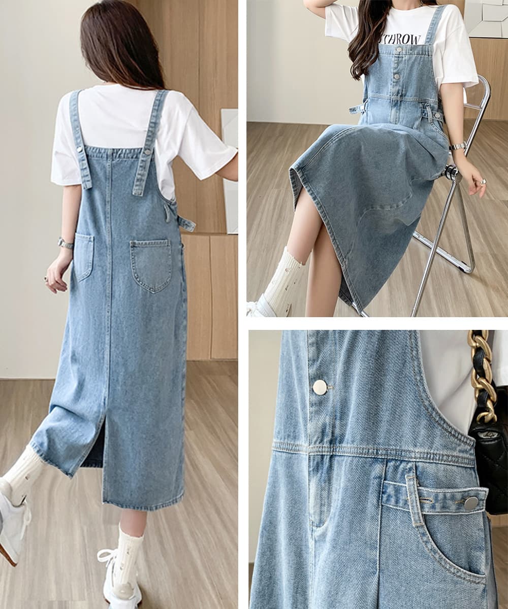 サロペット デニムワンピース 体型カバー ゆったりシルエット