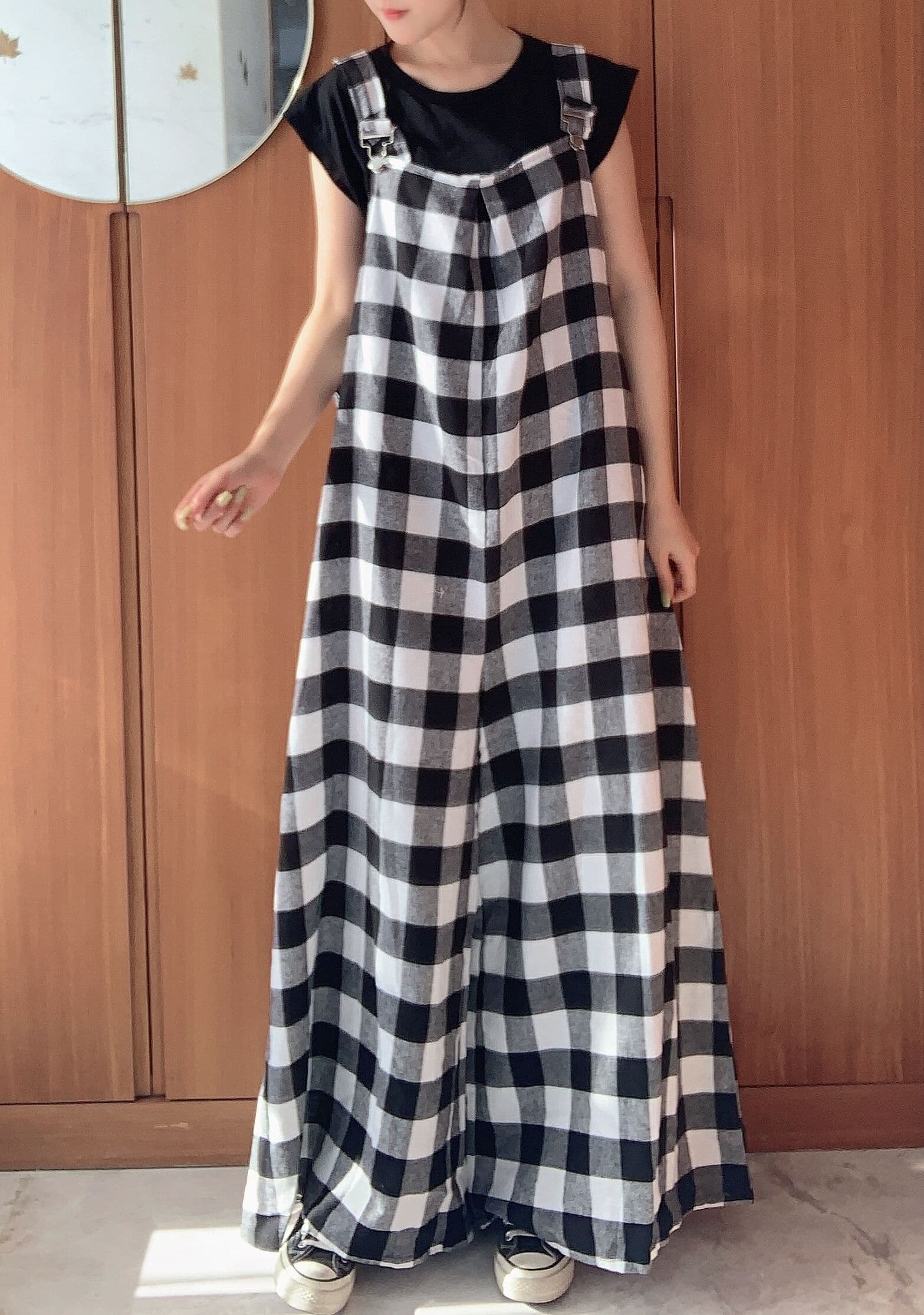 チェック柄サロペットパンツ オールインワンロング丈 体型カバー 大人可愛い