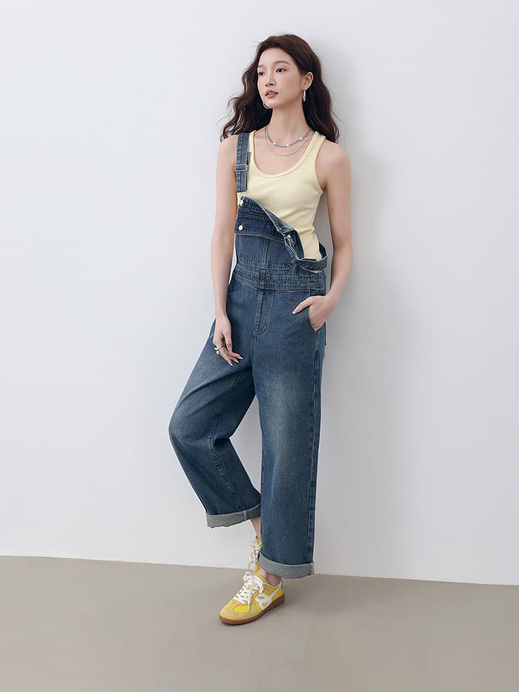 サロペットパンツ ゆったりシルエットのデニムサロペット