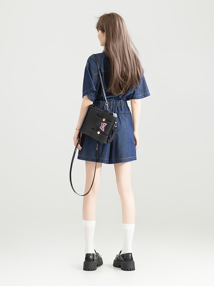 サロペット 刺繍ポケット付き半袖デニムサロペット