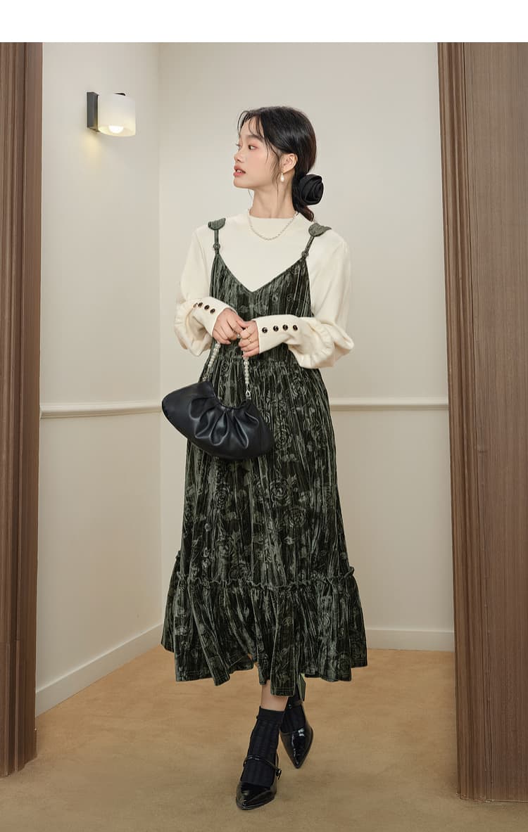 クラシカル花柄ベロア サロペットワンピース