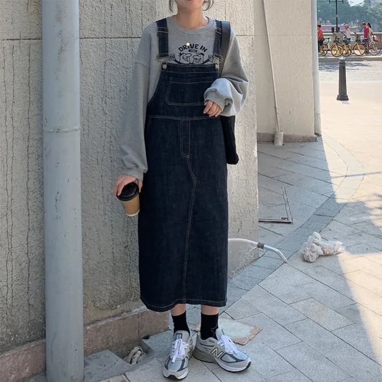 韓国風デニムサロペットスカート ロング丈ワンピース