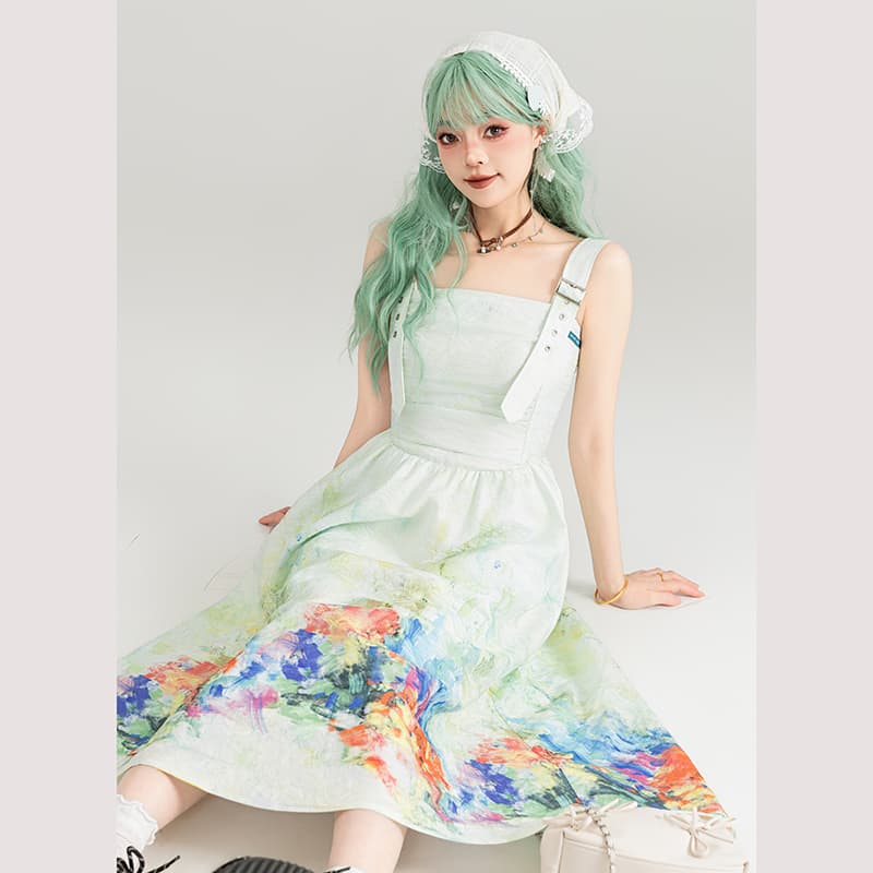 水彩画のような花園サロペットワンピース