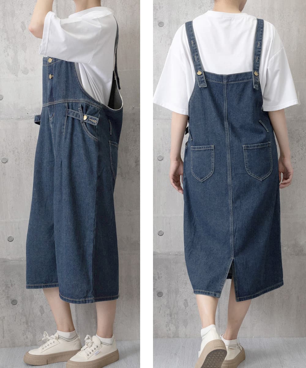 サロペット デニムワンピース 体型カバー ゆったりシルエット