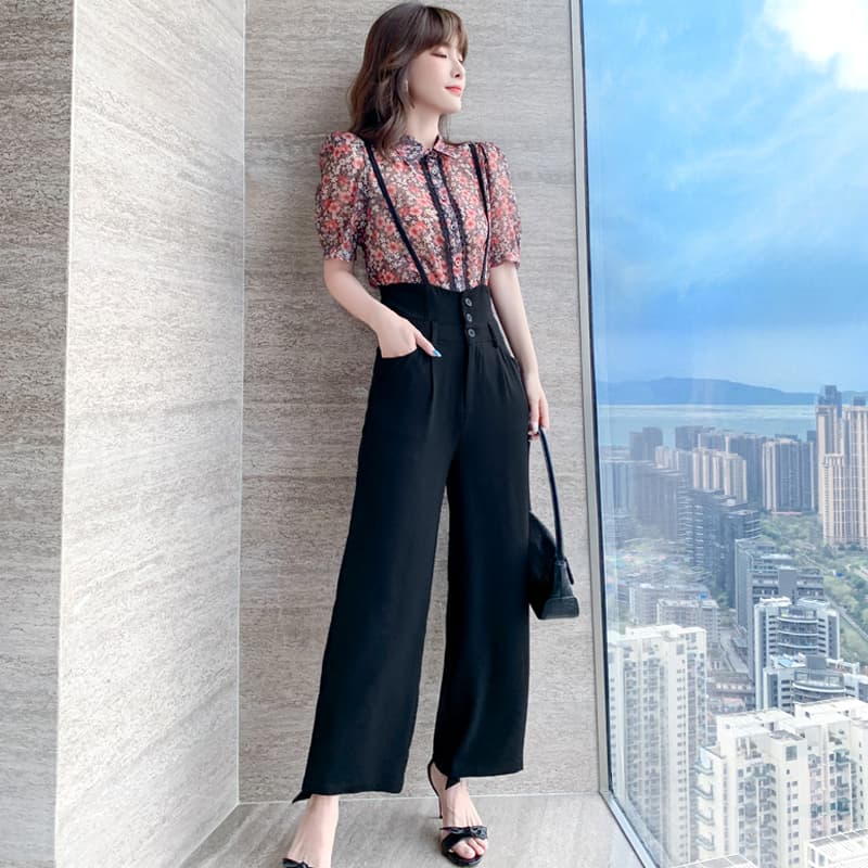 花柄シャツ付きハイウエストサロペット