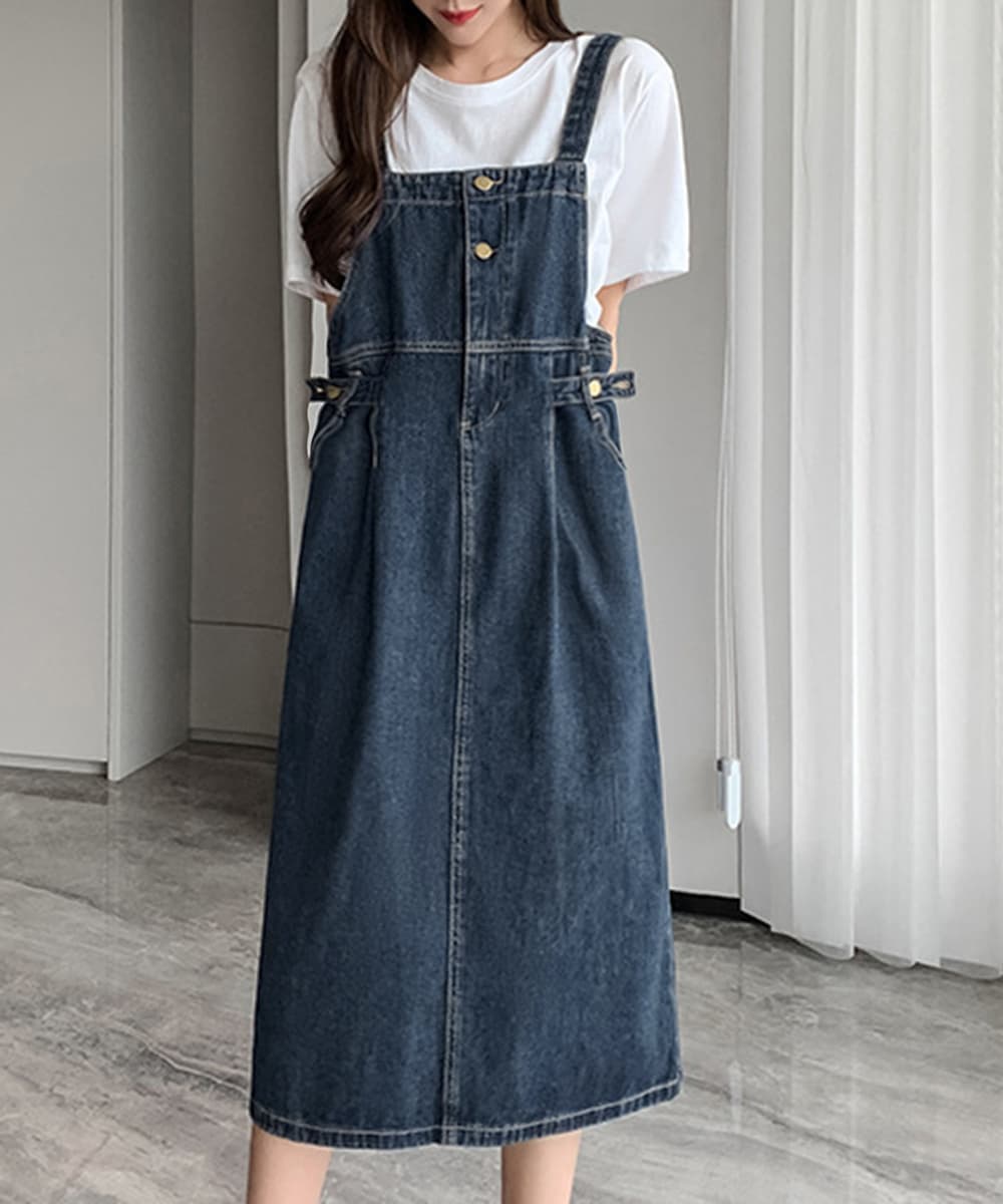 サロペット デニムワンピース 体型カバー ゆったりシルエット