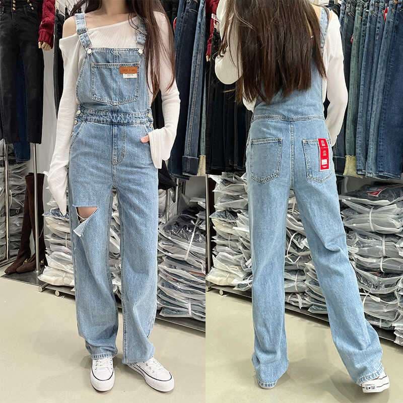 サロペット ダメージ加工ゆったりデニムオーバーオール