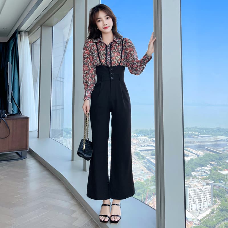 花柄シャツ付きハイウエストサロペット
