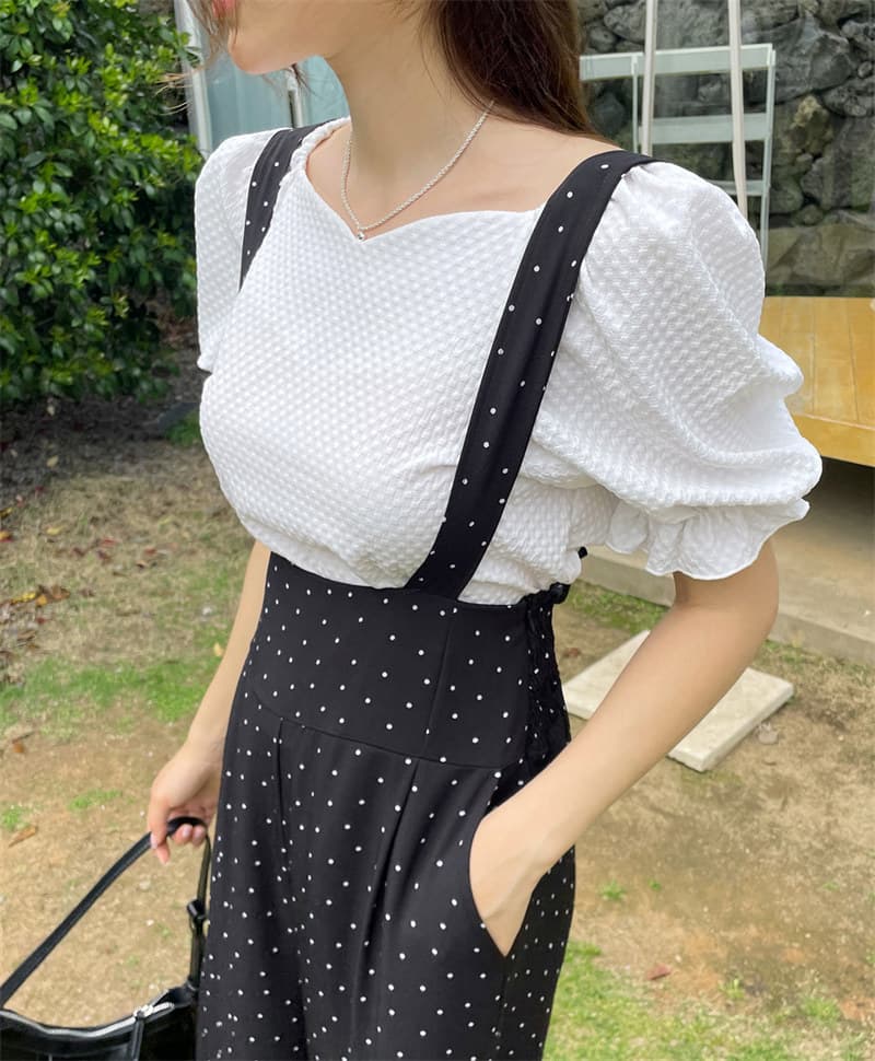 韓国風ドット柄サロペット ワイドパンツ