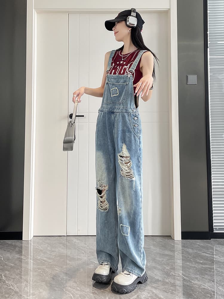 サロペットパンツ サロペット ダメージ加工ワイドシルエットつなぎ