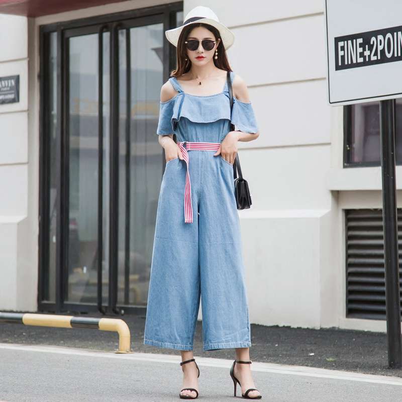 サロペット デニムワイドパンツ オフショルダーオールインワン