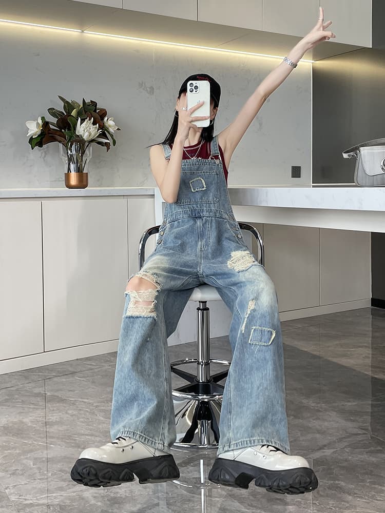 サロペットパンツ サロペット ダメージ加工ワイドシルエットつなぎ