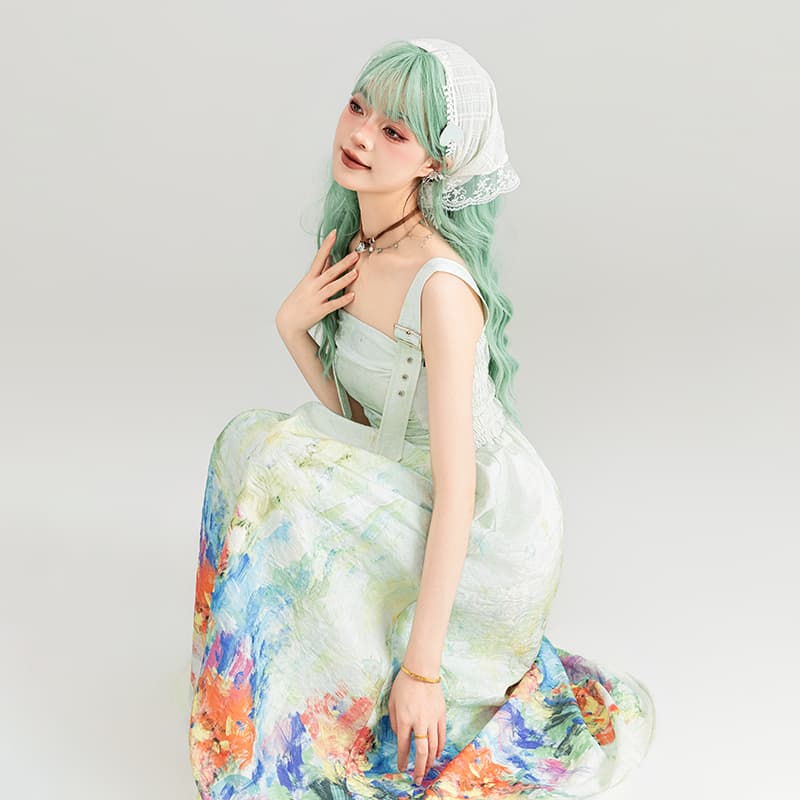 水彩画のような花園サロペットワンピース